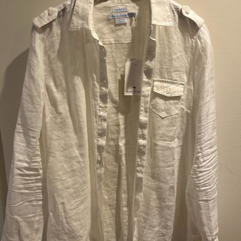 NWT Womens Island Company Commandante Beige Linen Button Shirt M